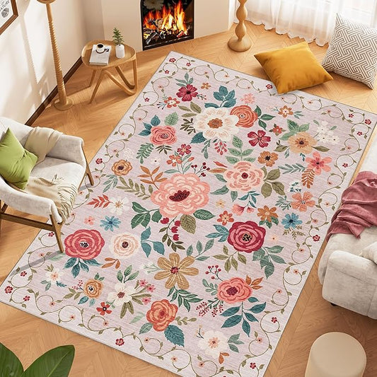 DUKINO 5x7 Area Rug, Floral Rugs for Living Room, Lightweight Non Slip Washable Rug, Indoor Low Pile & Non-Shedding Boho Design Rugs for Bedroom, Living Room, Dining Room, Beige