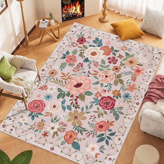 DUKINO 8x10 Area Rug, Floral Rugs for Living Room, Lightweight Non Slip Washable Rug, Indoor Low Pile & Non-Shedding Boho Design Rugs for Bedroom, Living Room, Dining Room, Beige