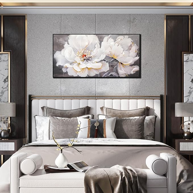 Flower Canvas Wall Art for Living Room - Modern White Wall Art for Bedroom - Black Framed Wall Art Size 20" x 40"