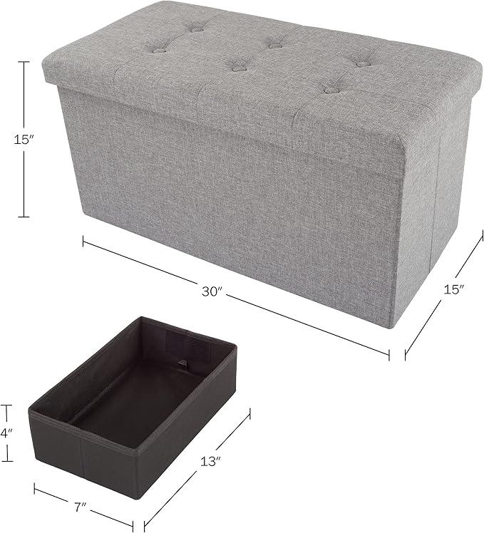 Lavish Home Set of 2 Ottomans - 30-Inch Tufted Footrest, Linen Chest, or Bench Set with Removable Bin for Living Room, Bedroom, or Dorm (Light Gray)