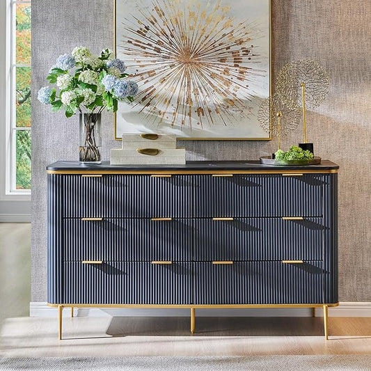 T4TREAM Fluted 6 Drawers Dresser for Bedroom, 54" Wide Modern Dresser TV Stand, Gold Accents, Fluted Fronts, Wood Storage Dressers Organizer for Bedroom, Living Room, (Dark Grey)