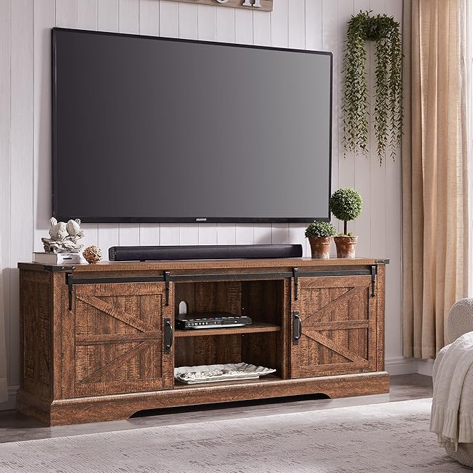 OKD Farmhouse TV Stand for 75 Inch TV, Rustic Entertainment Center w/Sliding Barn Door Wood Media Console Cabinet 66 Inch Long Television Stands for 70 Inch TVs, Reclaimed Barnwood Color