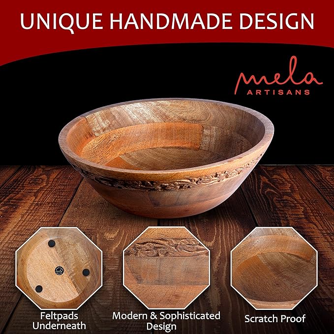 Mela Artisans Wooden Fruit Bowl | Medium Burnt Finish | Large 12” Mango Wood Serving Bowl | Multipurpose for Kitchen Countertop | Salad| Fruit| Snacks| Breads & More | Natural Grain Texture