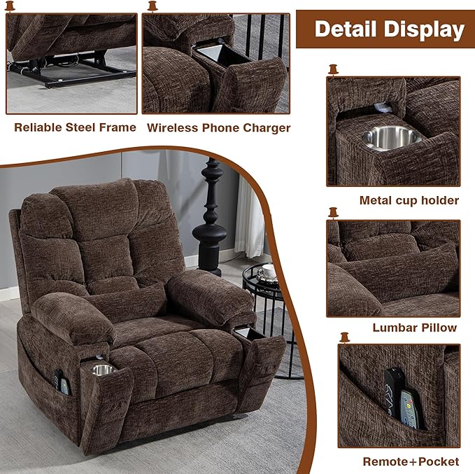 Oversized Lay Flat Power Lift Recliner Chair with Heat and Massage for Elderly, Infinite Position Heavy Duty Dual Motor Lift Chair 400 lbs with Cup Holder & Wireless Phone Charger