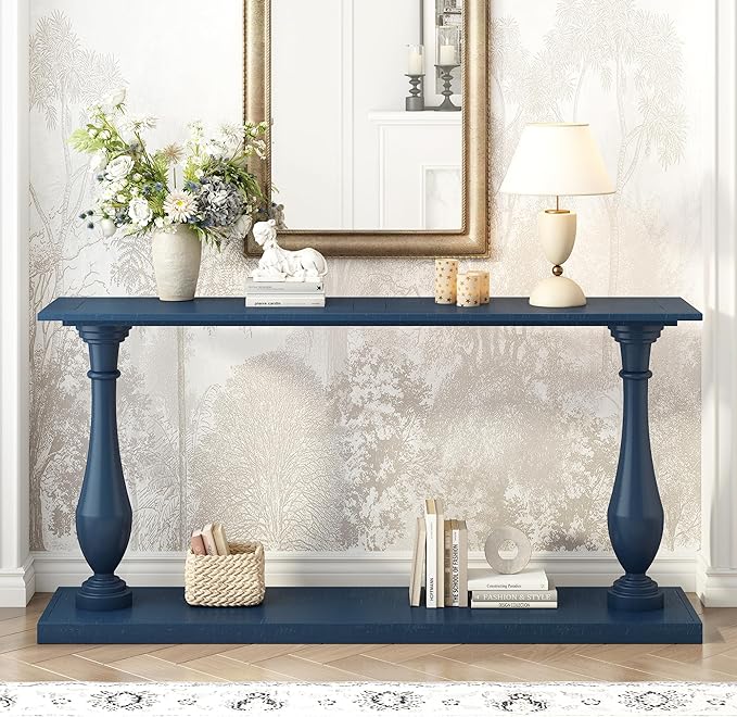 63 Inch Console Table with 2 Vase-Leg, Vintage Wood Grain Sofa Table Behind Couch, Narrow Entryway Accent Table for Living Room, Entrance, Hallway, Foyer, Bedroom, Apartments, Blue