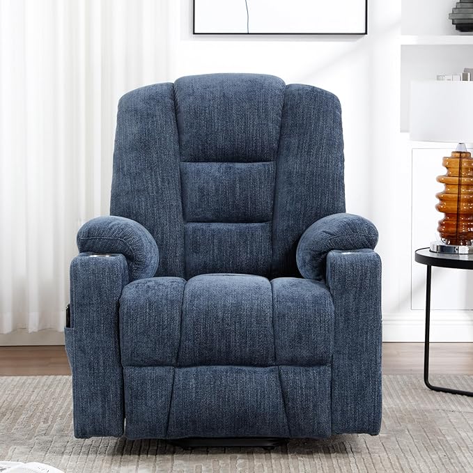 Power Lift Chair with Massage & Heat, Electric Recliner Chairs for Adults, Remote Control, Living Room Sofa, Standing Assistance, USB Ports, Stainless Steel Cup Holders, Chenill, Blue