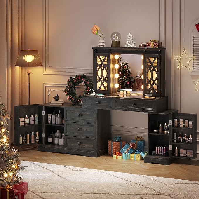 Farmhouse Makeup Vanity with Mirror & Lights, Large Vanity Desk with 5 Drawers & 9 Storage Shelves, Dressing Table with Jewelry Armoire, Vanity Gifts for Wife Girlfriends Women/Lady Girl (Brown)