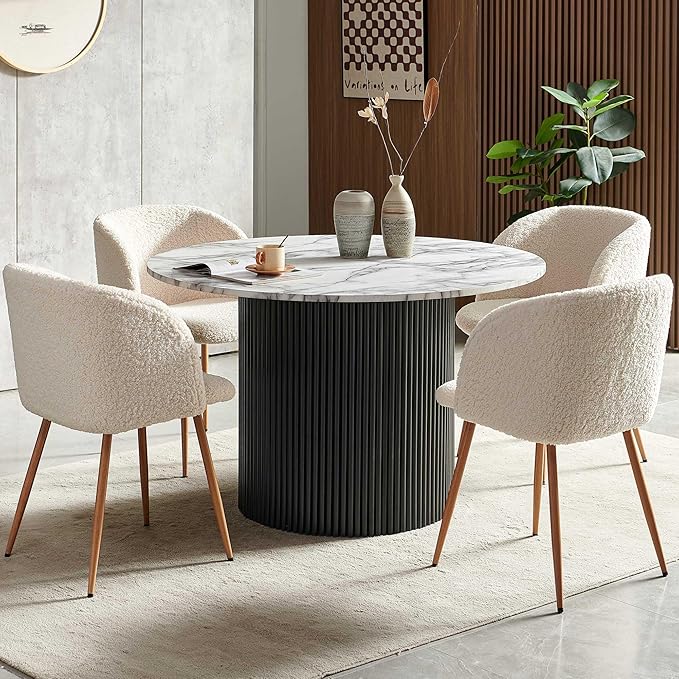 47" Round Kitchen Dining Table Set for 4, Two-Part White Marble Tabletop with Wood Strips, Industrial Home Kitchen Table Set with Off White Sherpa Barrel Dining Accent Side Chairs Comfy