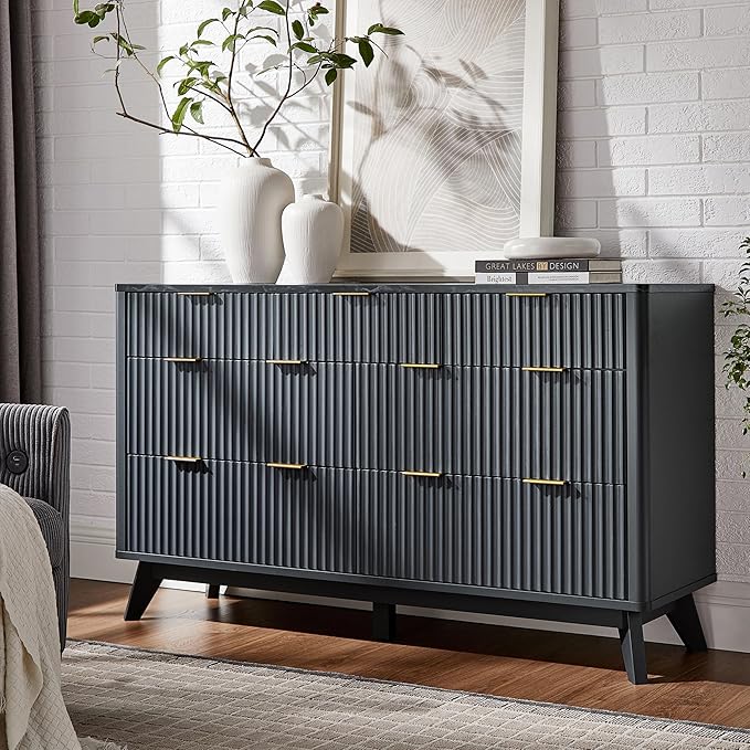 T4TREAM Fluted 7 Drawers Dresser, 54" Wide Modern Chest of Drawers with Faux Marble Top, Curved Profile Design, Dresser TV Stand, Wood Drawer Organizer for Bedroom, Living Room, Hallway, Dark Grey