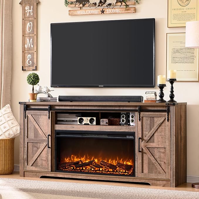JXQTLINGMU Fireplace TV Stand for 80 Inch TV, Farmhouse Entertainment Center with 36" Fireplace, Modern Media Console with Sliding Barn Door & Storage Drawers for Living Room, Light Brown