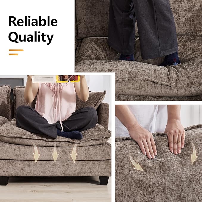 111'' Sectional Cloud Deep Seat Couch, Oversized Chenille U Shaped Sectional Sofa for Living Room Set, Comfy Upholstered Modular 3-Seats Sectional Sofa Couch with 2 Movable Ottoman, Brown