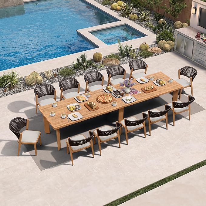 PURPLE LEAF 13-Piece Patio Dining Set Outdoor Furniture Rectangular Table and Chairs Set with Aluminum Frame and Teak-Finish for Garden Deck Backyard Kitchen Sunlit Teak Outdoor Set