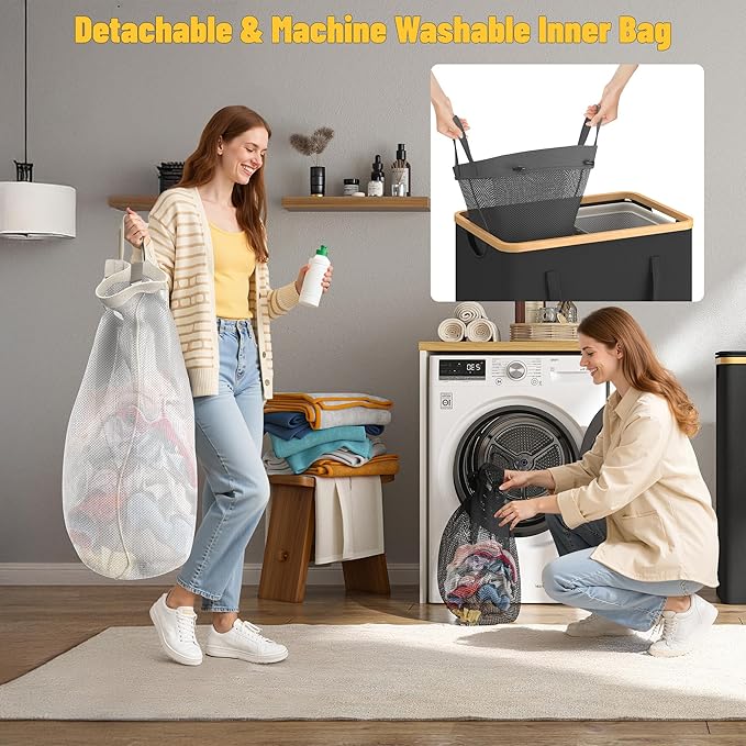 160L Double Laundry Hamper with Lid 2 Section, Large Bamboo Laundry Basket with 2 Removable Bags, Clothes Hampers for Laundry for Bedroom, Bathroom, Dorm, Laundry Room, Black