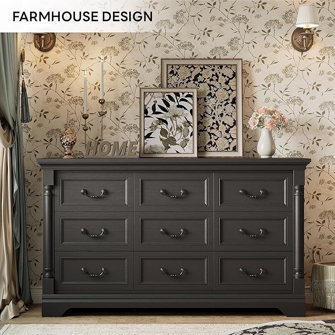 LIKIMIO Farmhouse Dresser for Bedroom with 9 Drawers, 58" Wide Wood Chest of Drawers with Roman Column, Dresser TV Stand for 65", Closet Storage Dressers Organizer for Bedroom, Living Room, Hallway