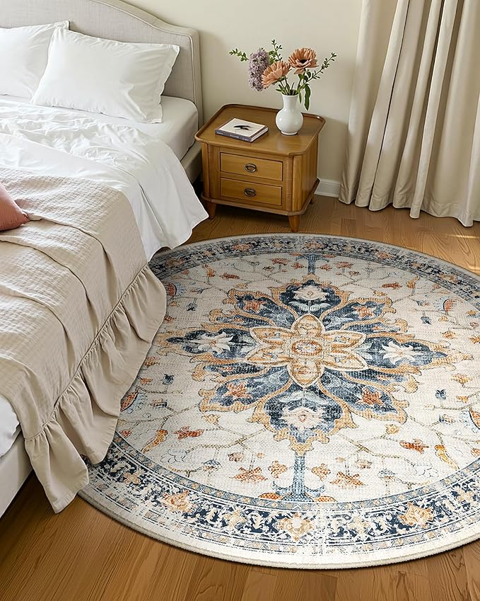 Area Rugs 4ft Washable Non-Slip, Floral Vintage Distress Print Pattern Medallion Carpet for Living Room Bedroom Dining Room, Beige Navy Blue Orange Colorful