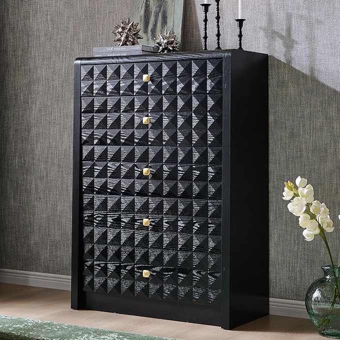 Modern 5 Drawer Dresser for Bedroom, Wooden Tall Dressers &Chests of Drawers w/Two Different Drawer Sizes, Mid Century Modern Dresser w/Diamond Panel Decorate for Bedroom, Curved Profile Design, Black