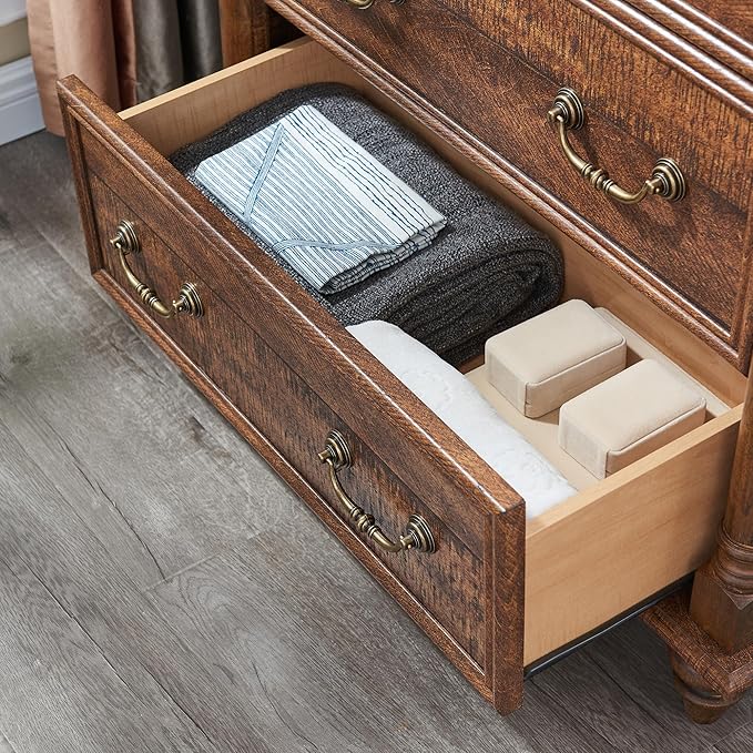 T4TREAM Farmhouse 6 Drawers Dresser Chests for Bedroom w/4 Solid Wood Feet & Column Decor, Tall Wood Country Rustic Chest of Drawers, Storage Dressers for Bedroom, Living Room,Reclaimed Barnwood Color