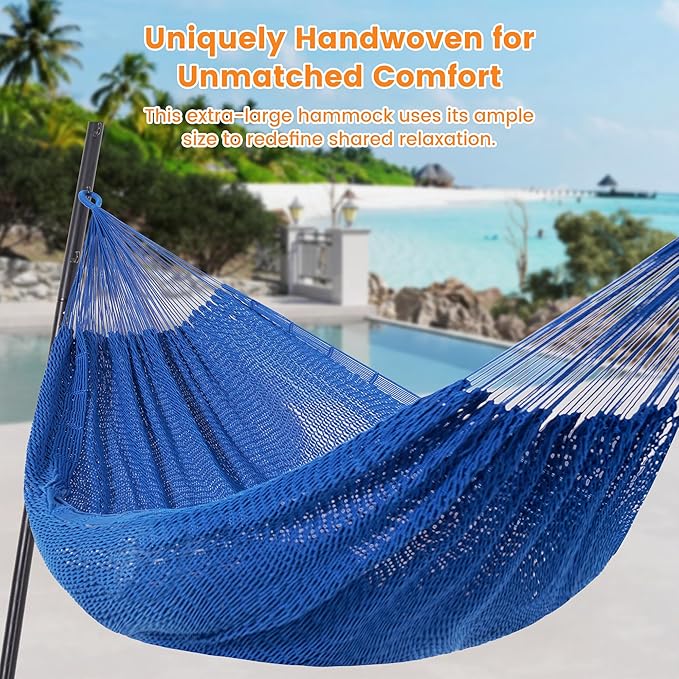 Lazy Daze Hammocks Handwoven Mayan Hammock, 10.5 FT Soft Rope Double Hammocks, Portable Outdoor Hammock with Carry Bag, 2 Straps & carabiners for Patio Outside, 550 lbs Weight Capacity, Blue