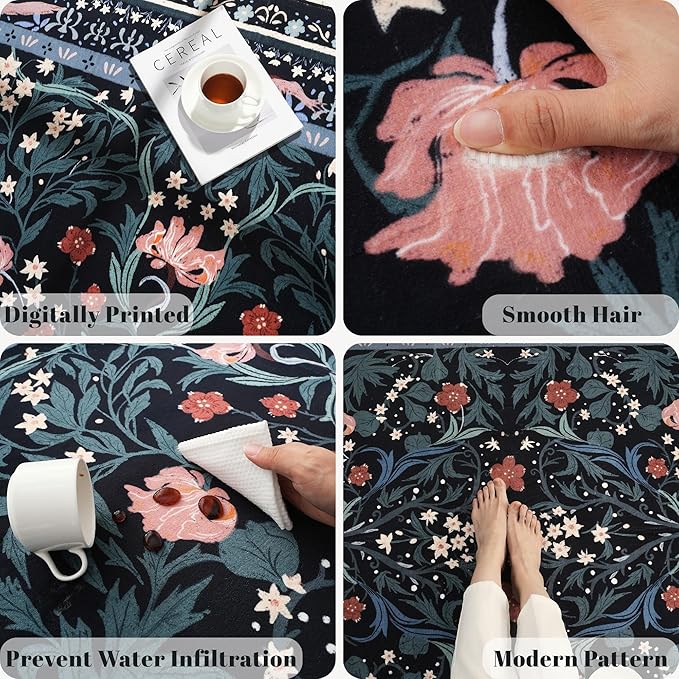 Area Rug 4x6 Rug Washable Vintage Floral Botanical Rugs Non Slip Low Pile Small Carpet for Bedroom, Bedside, Kids Room, Office, Dining Room, Black