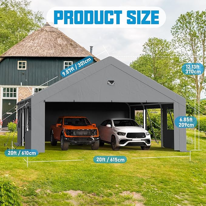 20x20 Carport Canopy, Heavy Duty Car Ports with Sidewalls, Portable Garage Carports with Roll Up Zipper End & Side Doors, Grey