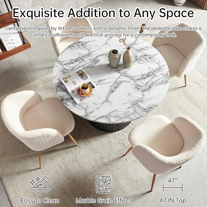 NORDICANA 5-Piece Wooden Round Dining Room Table and Chair Set, 47-Inch Kitchen Table with Barrel Chairs for 4, Off White Upholstered Sherpa Dining Set, MDF Core with White Marble Effect Finish