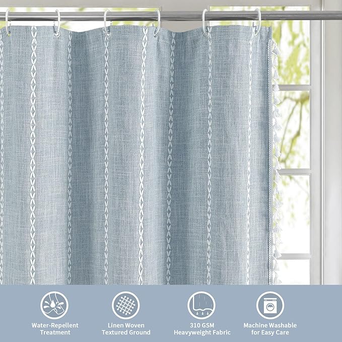 MitoVilla Boho Extra Long Shower Curtain 72 x 84, Blue 84 inch XL Polyester Linen Tassel Fabric Shower Curtain Set with Hooks for Vintage Country Farmhouse Bathroom Decor, Thick & Wrinkle Resistant