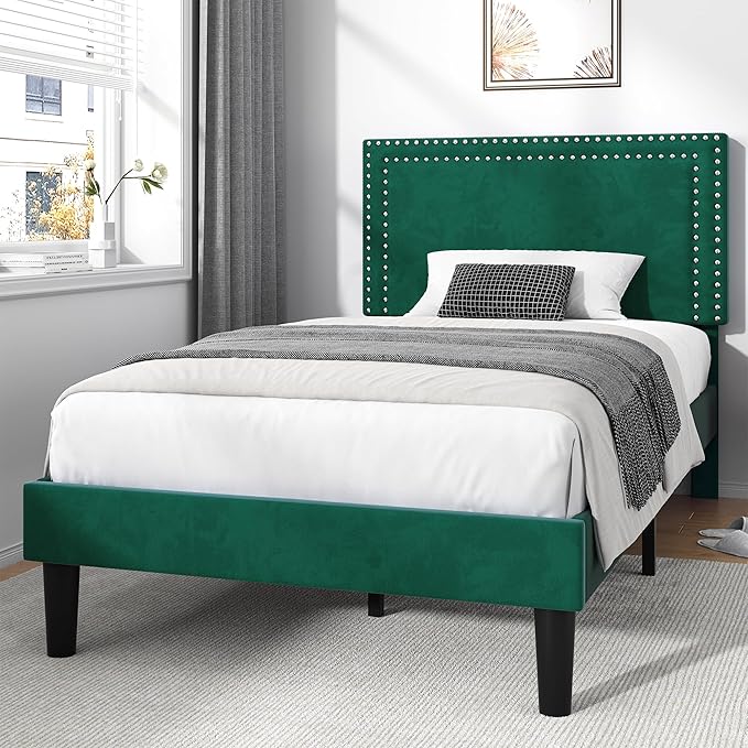 VECELO Twin Size Platform Bed Frame with Adjustable Upholstered Headboard, Strong Wood Slat Support, No Box Spring Needed, Easy Assembly