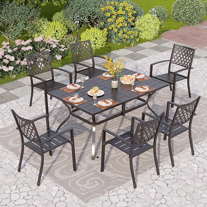 PHI VILLA 7-Piece Metal Patio Outdoor Table and Chairs Outdoor Dining Set - 60" Patio Table with Umbrella Hole and 6 Backyard Garden Chairs, Black