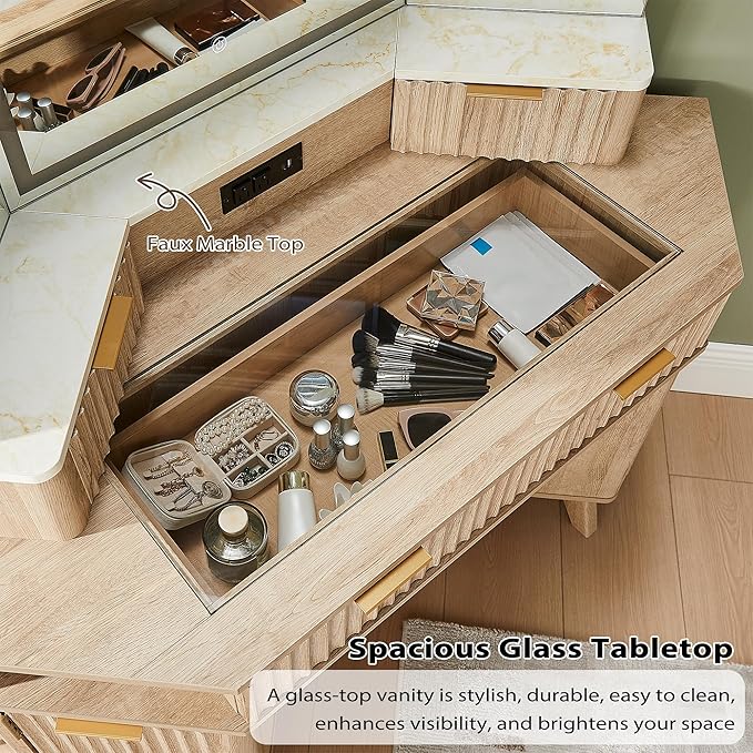 T4TREAM Fluted Makeup Vanity Desk with 3 Way Mirror and Lights, 48" Large Corner Vanity Table with Glass Top, Charging Station, 3 Drawers, Storage Cabinets & Shelves, for Bedroom, Natural Oak