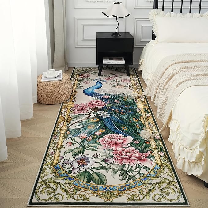 Runner Rug for Kitchen 2'x6' Washable Rugs with Rubber Backing Non Slip Soft Floral Peacock Animal Carpet Runner for Kitchen, Laundry, Bedroom, Bathroom (Beige)