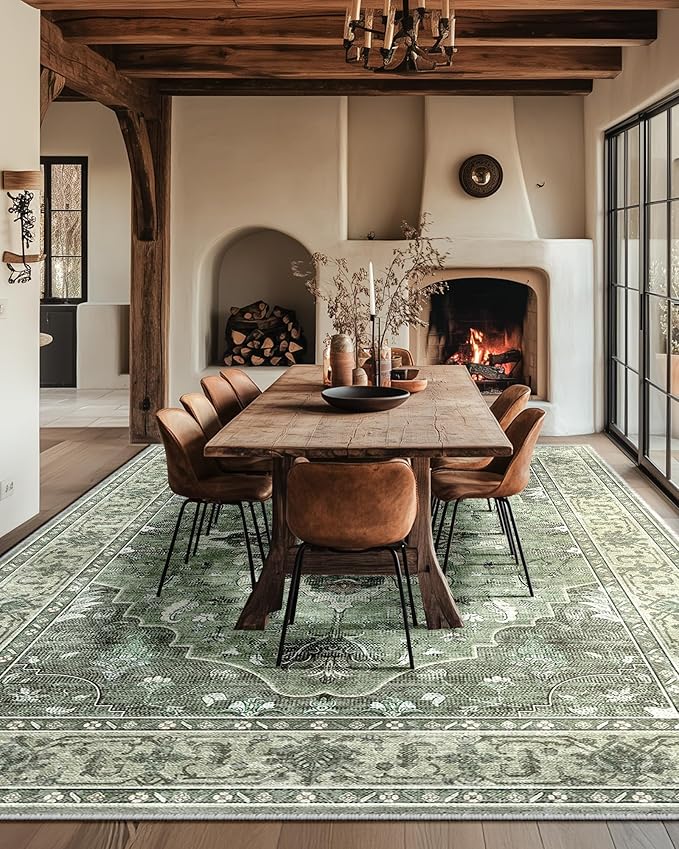 Area Rugs 5'x8' Washable Non-Slip, Floral Vintage Distress Print Pattern Medallion Carpet for Living Room Bedroom Dining Room, Dark Green Gray