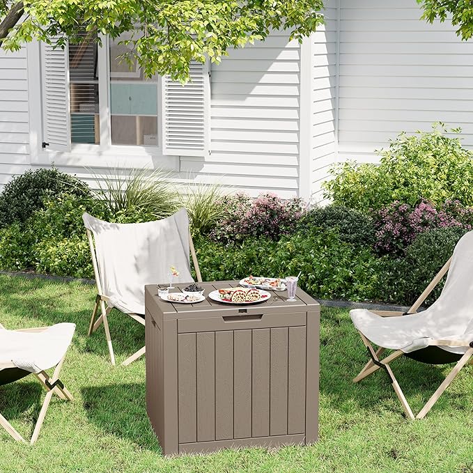 32 Gallon Deck Box Lockable Resin Indoor Outdoor Storage Box waterproof Outdoor Container for Patio Furniture, Pool Accessories, Cushions, Garden Tools, Sports Equipment