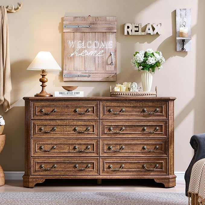 T4TREAM Farmhouse 8 Drawers Dresser for Bedroom, 54" Wide Wood Rustic Chest of Drawers with Natural Texture, Vintage Design, Storage Dressers Organizer for Bedroom, Living Room, Reclaimed Barnwood