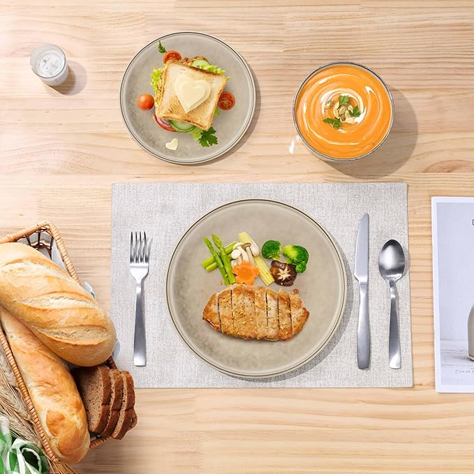 Herogo 18 Pieces Dinnerware Set Service for 6, Dinner Plates and Bowls Sets, Reactive Glaze Stoneware Dishes for Kitchen, Chip and Crack Resistant, Microwave & Dishwasher Safe, Cream Khaki