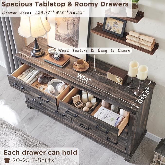 T4TREAM Farmhouse 6 Drawers Dresser for Bedroom, 54" Wide Wood Chest of Drawers w/Natural Texture & Metal Handle, Rustic Storage Dressers Organizer for Living Room, Hallway, Dark Rustic Oak