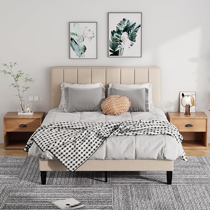 Full Size Bed Frame with Headboard,Fabric Upholstered Platform Bed Frame with Wooden Slats Support,No Box Spring Needed/Non-Slip Without Noise/Easy Assembly, Beige