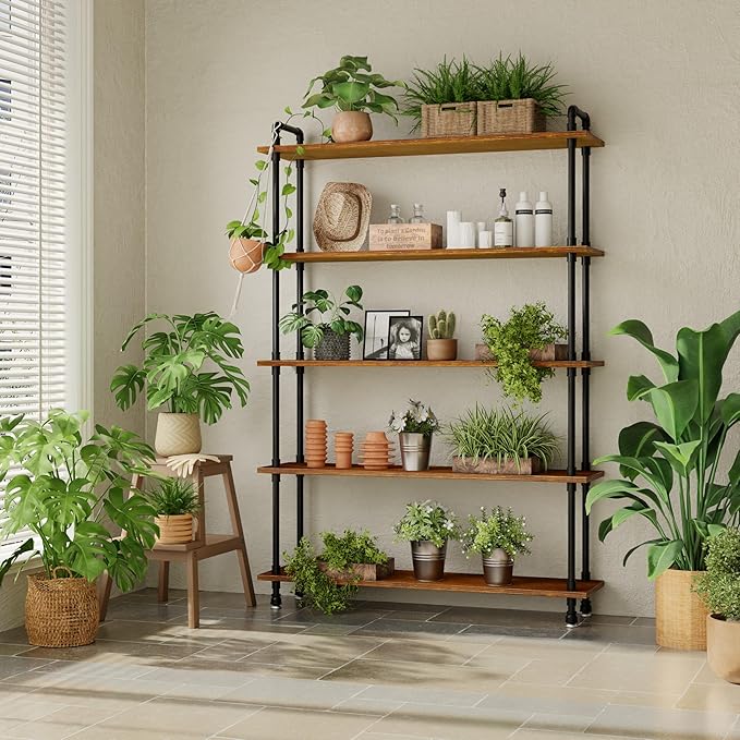 Industrial Bookshelf, 5-Tier Pipe Shelf, Wall Mounted Bookcase for Home and Office (Rustic Brown, 48" L x 11.8" W x 70" H)