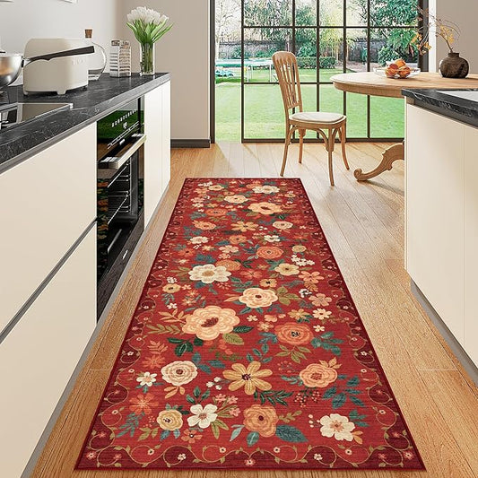 DUKINO 2x6 Runner Rug for Hallway, Washable Kitchen Runner Rug with Non Slip Backing, Low Pile Soft Boho Floral Runner for Kitchen, Hallway, Entryway, Laundry, Bedroom, Red
