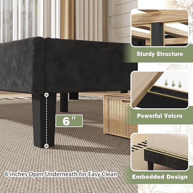 SUNLEI Bed Frame with Wingback Storage Headboard, Queen Size Bed Frame with Tufted and Velvet Fabric, Wood Slats Support, No Box Spring Needed, Easy Assembly, Queen Black