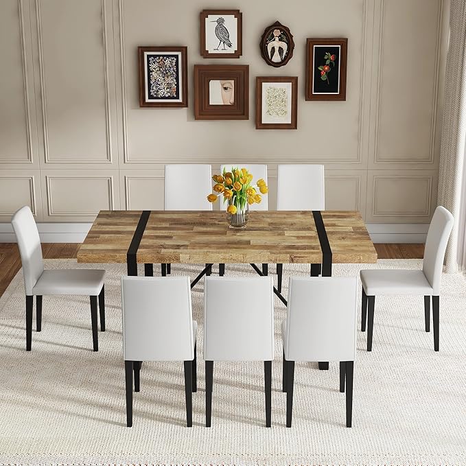 Dining Table Set for 6，Dinner Table Set for 6，71'' Kitchen Table and PU Leather Chairs Set of 6，6 Chair Dining Table Set for Kitchen Dining Room
