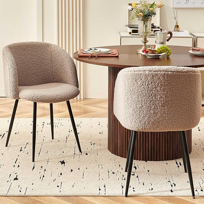5 Piece 47-inch Round Dining Table Set for 4, Rustic Walnut Dinner Table with Upholstered Dining Room Chairs Brown, Engineered Wood Kitchen Table with Wood Strips Base