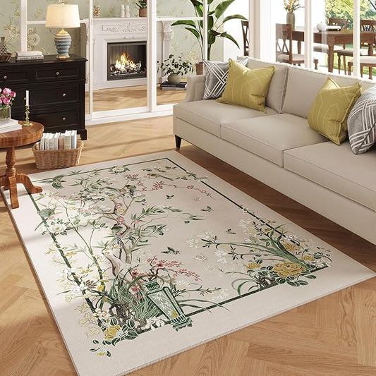 4x6 Rug Chinoiserie-Style Floral Vintage Washable Area Rugs Non Slip Low Pile Small Carpet for Bedroom, Bedside, Kids Room, Office, Dining Room, Beige