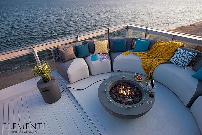Elementi | Bundle Lunar Gas Fire Pit Cast Concrete 42" Round Fire Table, Outdoor Fire Pit Electronic Ignition | Canvas Cover, Lava Rock Included | Light Gray (Propane Gas)