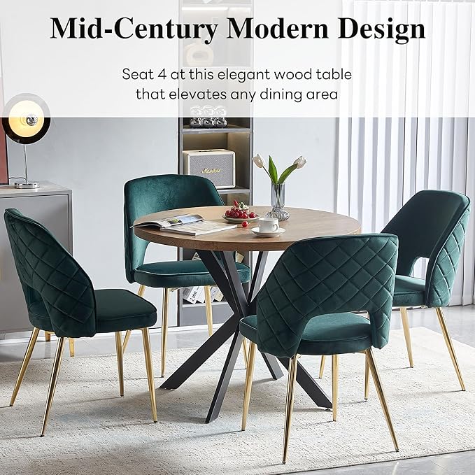NORDICANA 5-Piece Dining Table Set for 4 - Space Saving 37-Inch Round Table and Chairs, 4 Seaters Dining Set with Upholstered Dining Chairs (Forest Green)