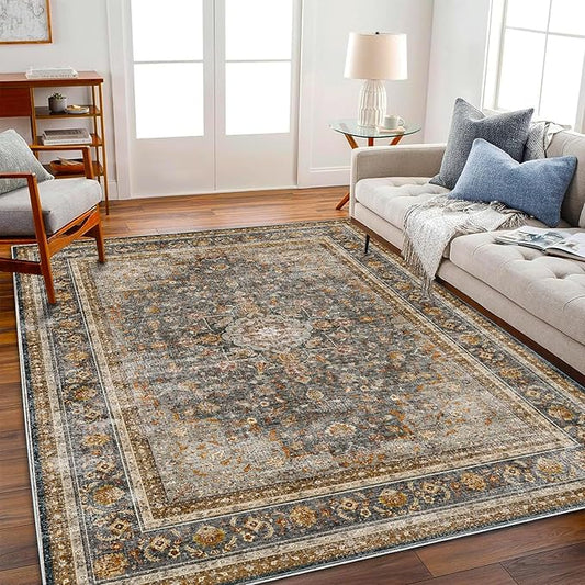 Area Rug 6'x9' Washable Vintage Traditional Floor Cover Thin Retro Kitchen Indoor Distressed Non Slip Carpet for Living Room Bedroom Dining Room