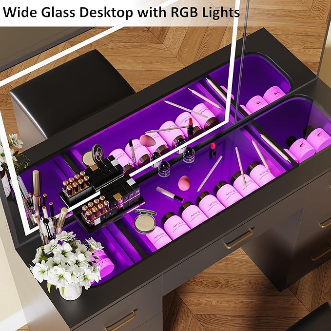 Glass Top Vanity Desk with Mirror and Lights, Black Makeup Vanity with RGB Drawer, Dressing Table with Adjustable Brightness, Vanity Set for Dressing Room (Black-Glass Top, with Stool)