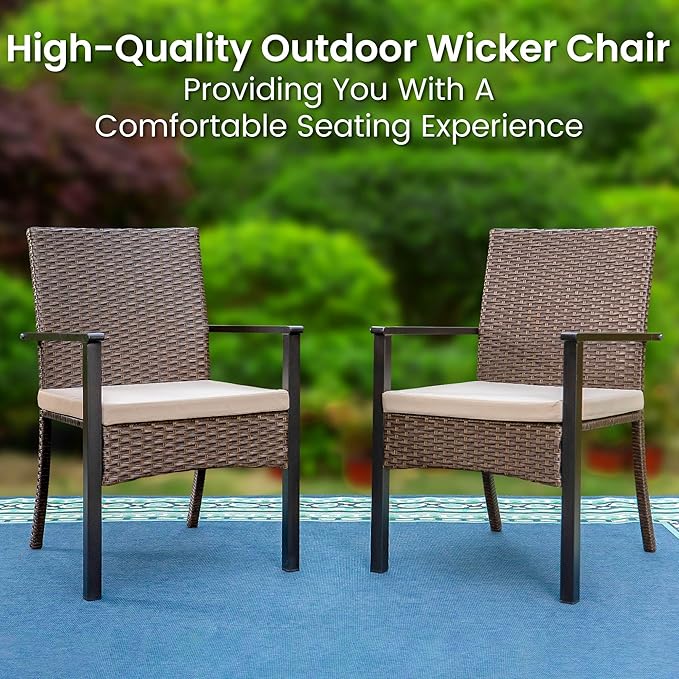 PHI VILLA 5 Piece Outdoor Dining Table Set for 4, 42” Round Steel Dining Table with Umbrella Hole & 4 Metal-Frame Wicker Chairs for Patio, Deck, Yard, Porch