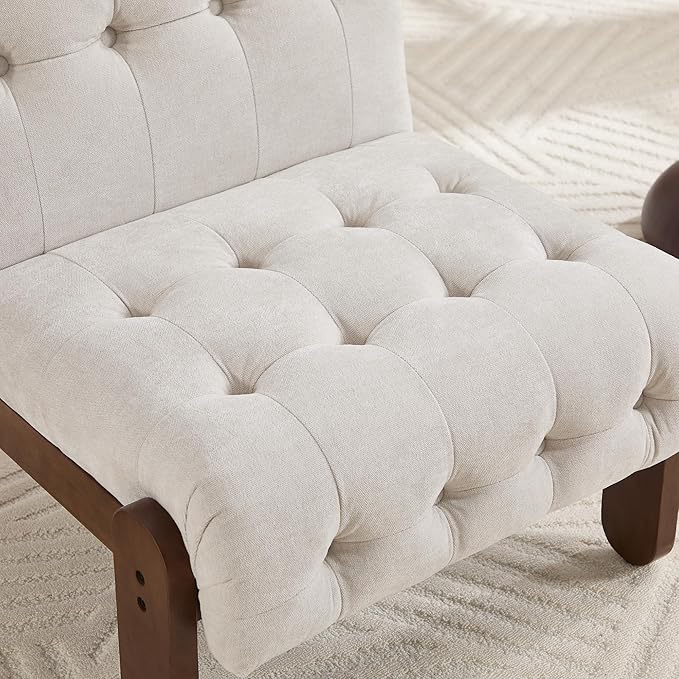 Modern Armless Accent Chair for Living Room, Soft Beige Linen Button Tufted Upholstered Lounge Reading Chair with Walnut Wood Frame