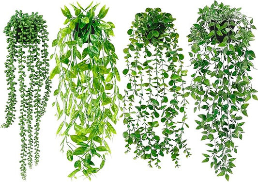 Palonu Artificial Hanging Plants for Shelf, 4 Pack Fake Potted Greenery Faux Eucalyptus Vine, Mandala Vine, String of Pearls,Pea pod Leaves in Pot for Office Living Room Bathroom Indoor Outdoor Décor