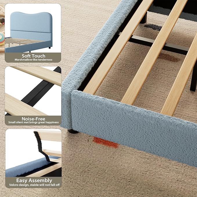 Twin Bed Frame for Kids with Velvet Upholstered Headboard, Cute Low Profile Platform Bed for Girls and Boys, No Box Spring Needed, Strong Wooden Slats, Noise Free, Easy Assembly, Blue